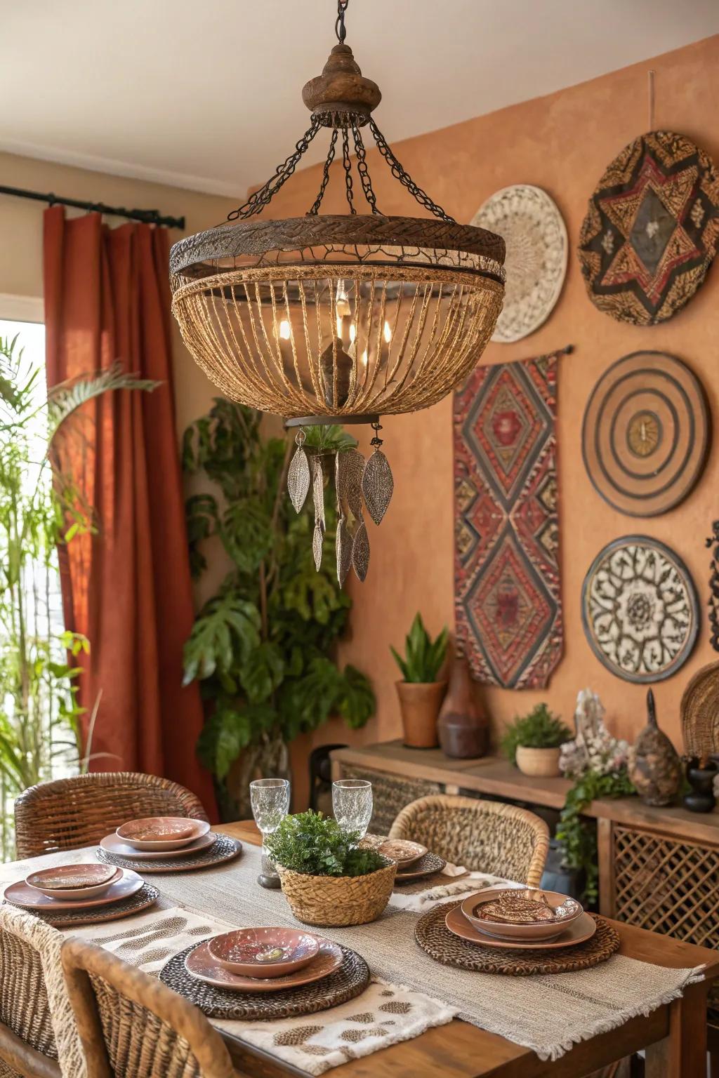 A bold overhead fixture serving as a focal point in a boho dining space.