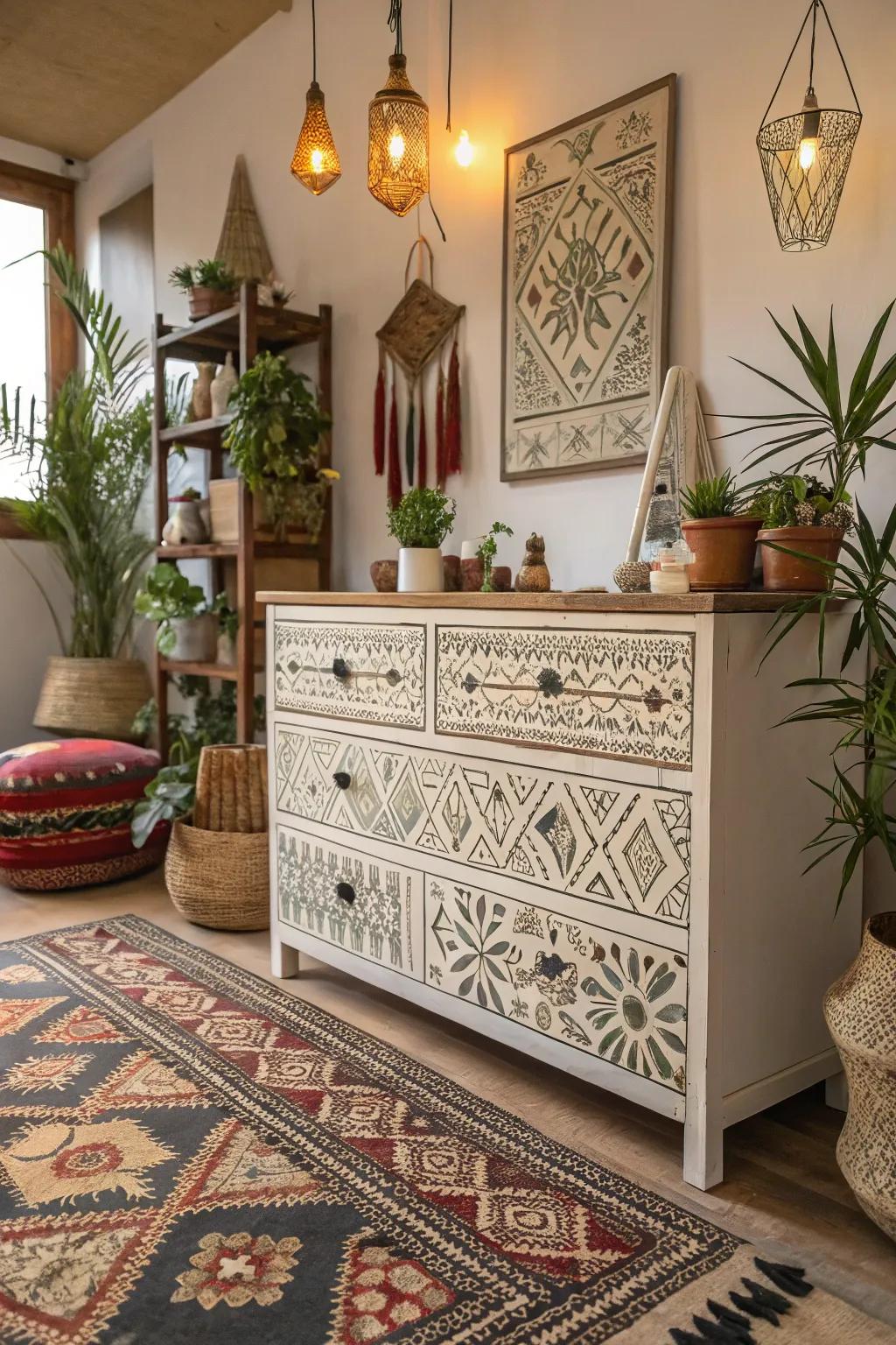 A stenciled tribal pattern adds an artistic touch to this boho dresser.