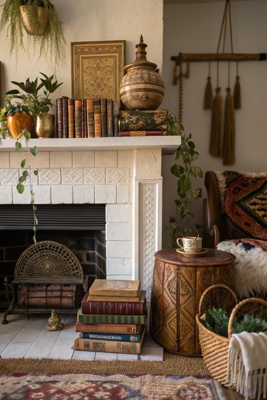 A fireplace styled with vintage discoveries, fashioning a diverse bohemian aesthetic.