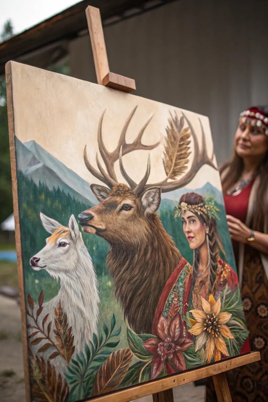 A boho-style painting that draws inspiration from the symbolic significance of animal totems.