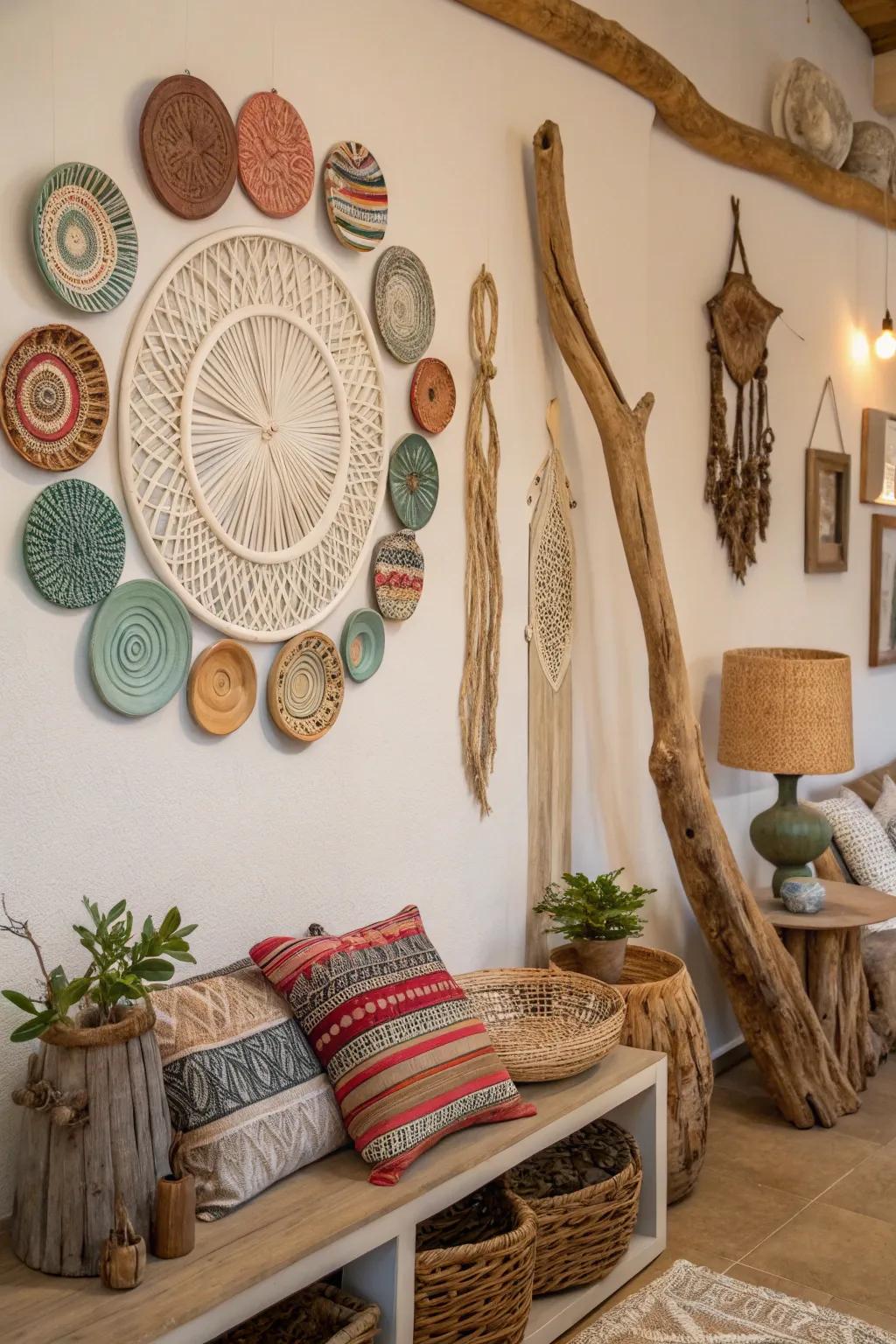 This bohemian wall is given an artistic dimension by artistic decor.