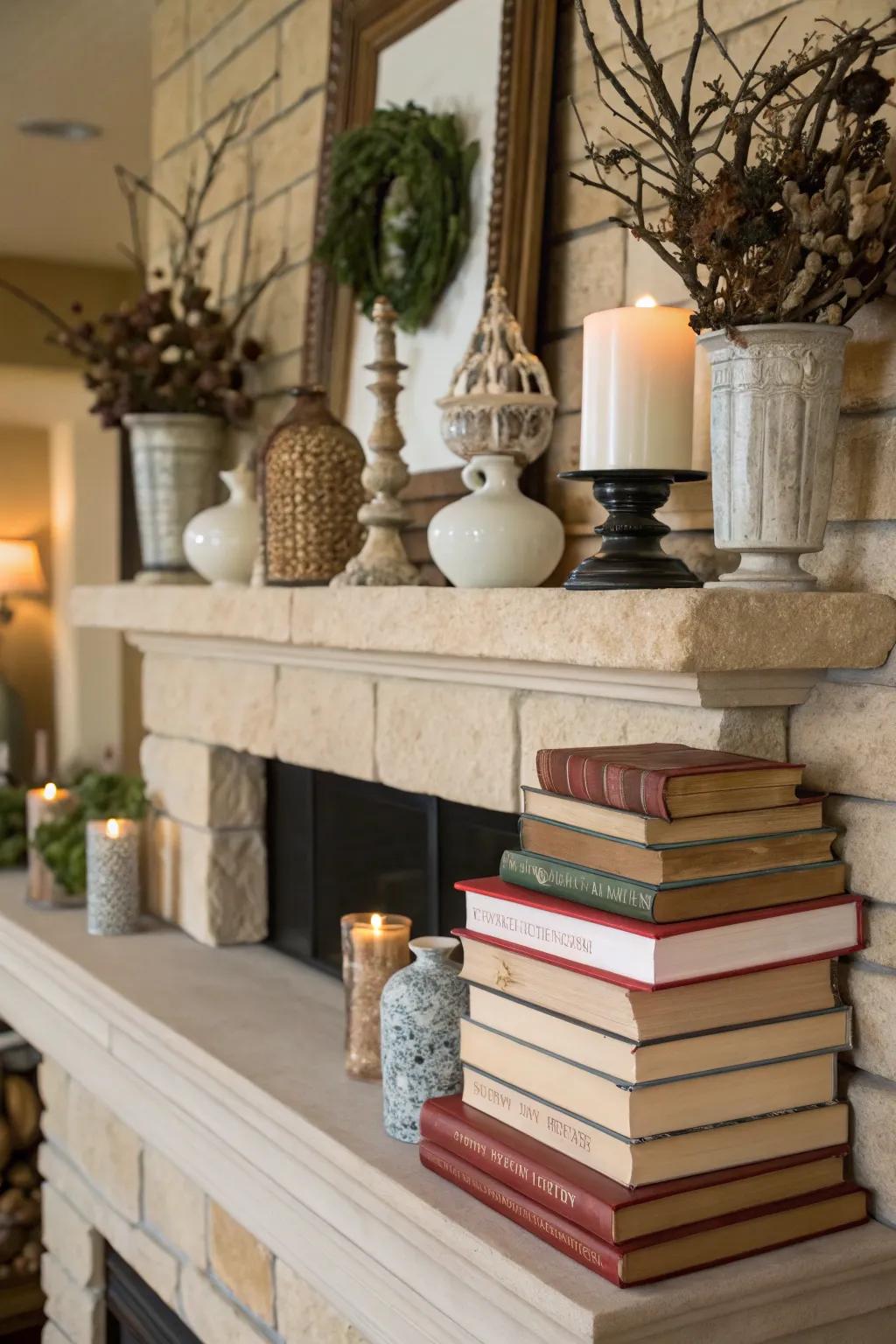 Books function as pedestals to display decor.