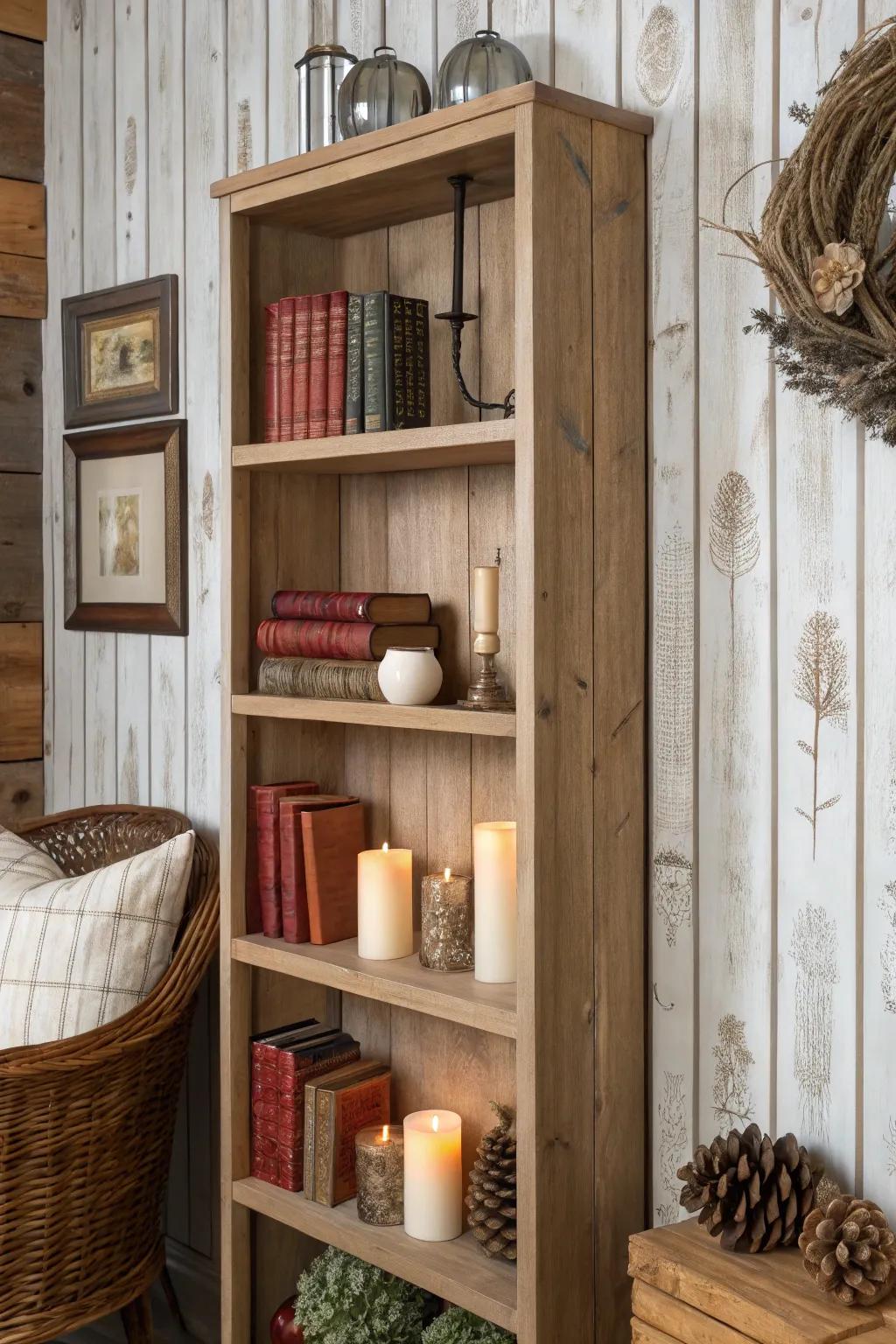 <strong>Bookshelf</strong> featuring timber wallcovering for a natural, charming vibe.&rdquo; loading=&rdquo;lazy&rdquo; class=&rdquo;pimg&rdquo;>
	</picture><figcaption><strong>Bookshelf</strong> featuring timber wallcovering for a natural, charming vibe.</figcaption></figure>
<p>Timber wallcovering can impart a natural charm to your shelves without needing actual wood. I appreciate how it introduces character and warmth to any space.</p>
<h3>You might give these a try:</h3>
<ul class=