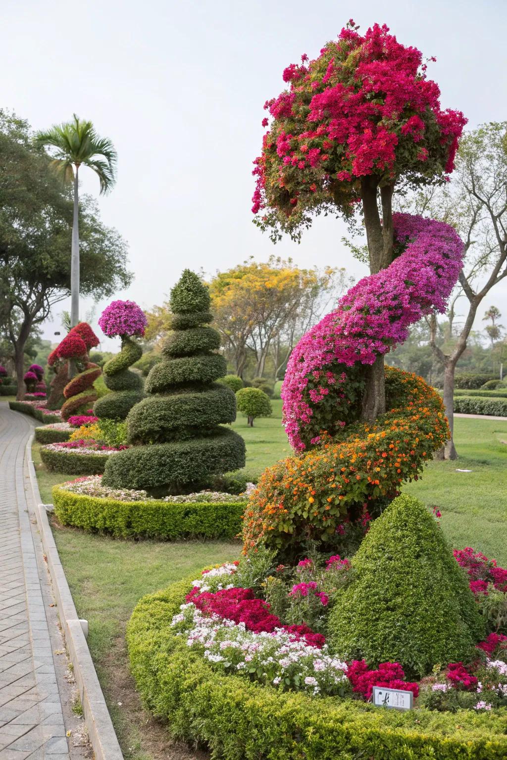 Whimsical bougainvillea topiary forms adding creativity to the garden.