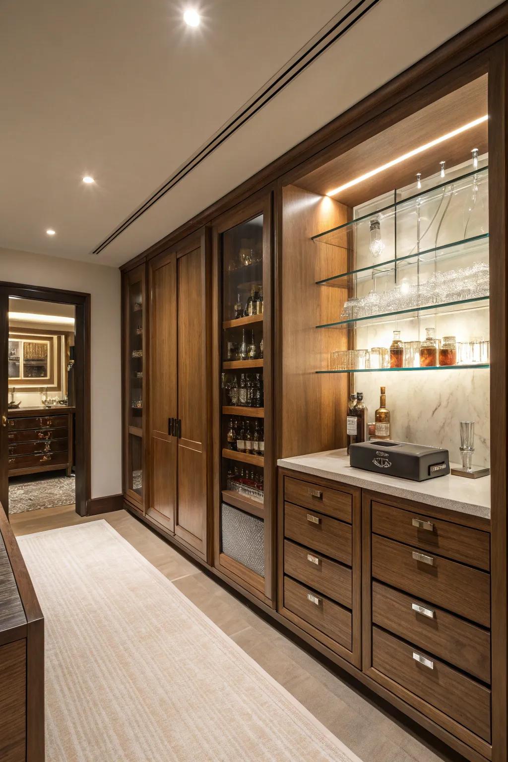 Concealed storage solutions maintain a streamlined and sophisticated look.