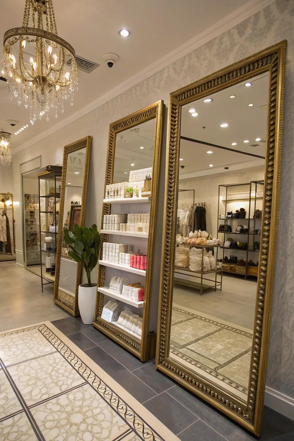 A shop interior with strategically positioned mirrors that reflect light and create the illusion of more space.