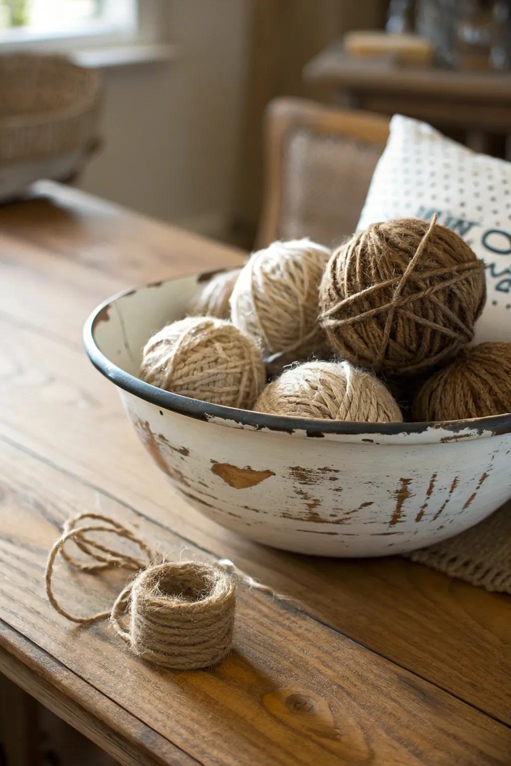 A bowl filled with rustic jute balls for a farmhouse touch