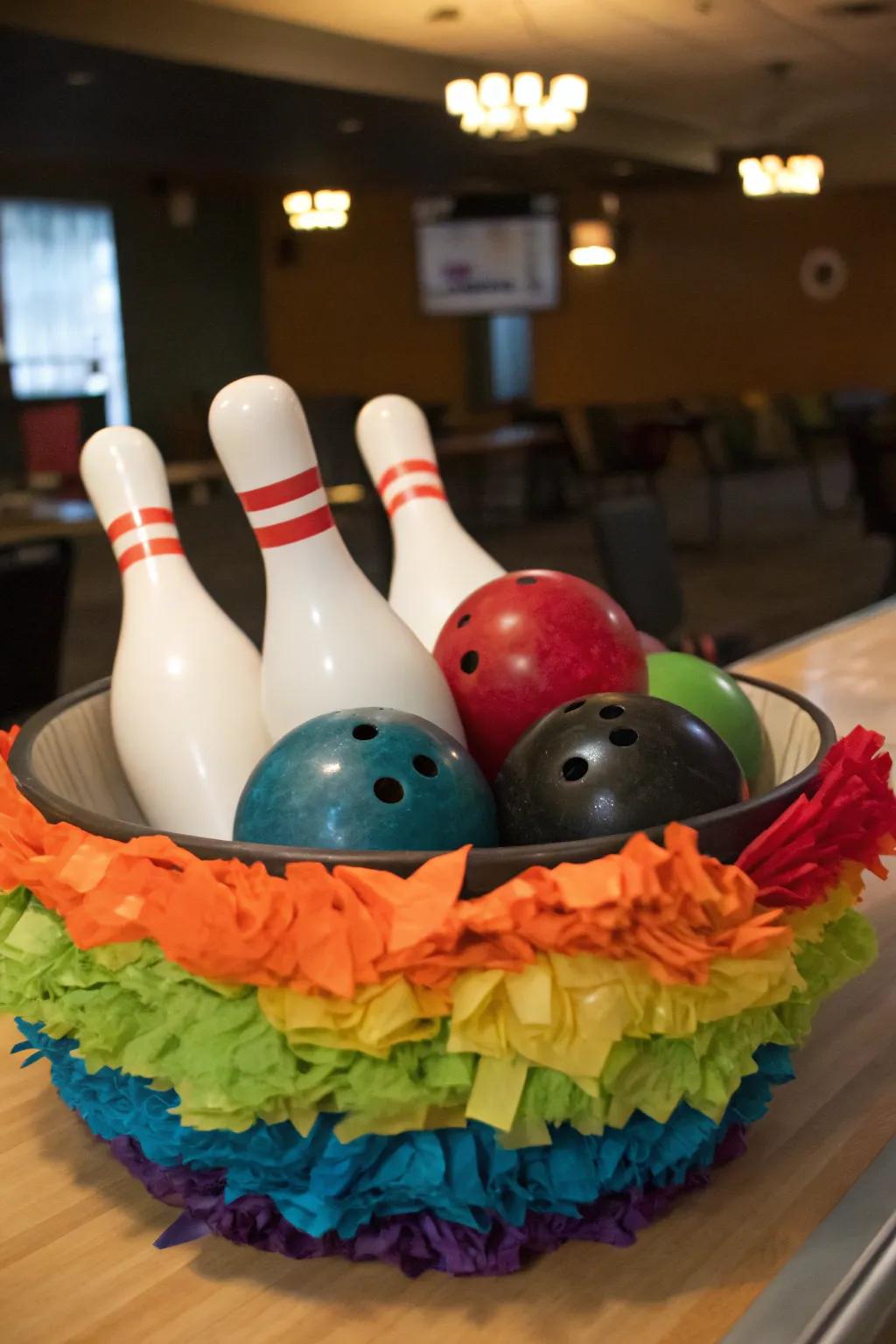 Vibrant tissue paper adds a splash of color to your bowling centerpiece.