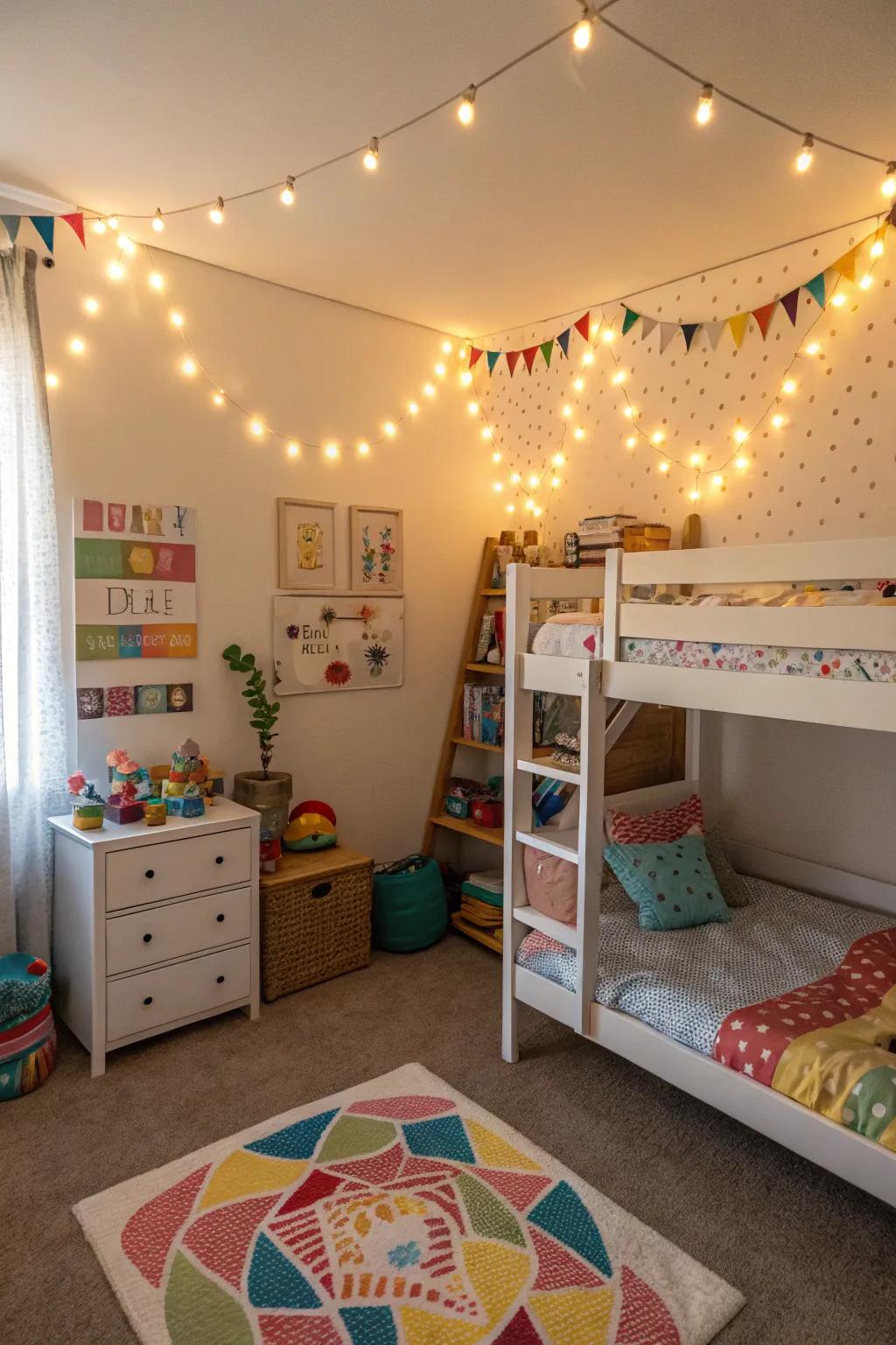 Fairy lights add a whimsical ambiance to the shared quarters.