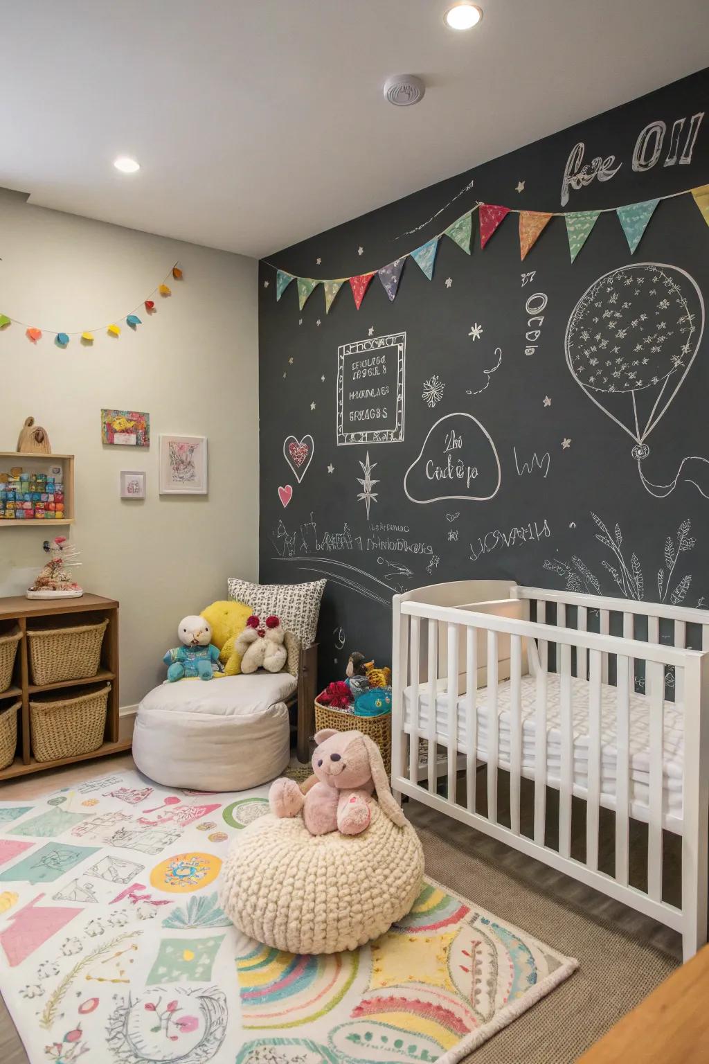 A chalkboard invites imagination and interaction.