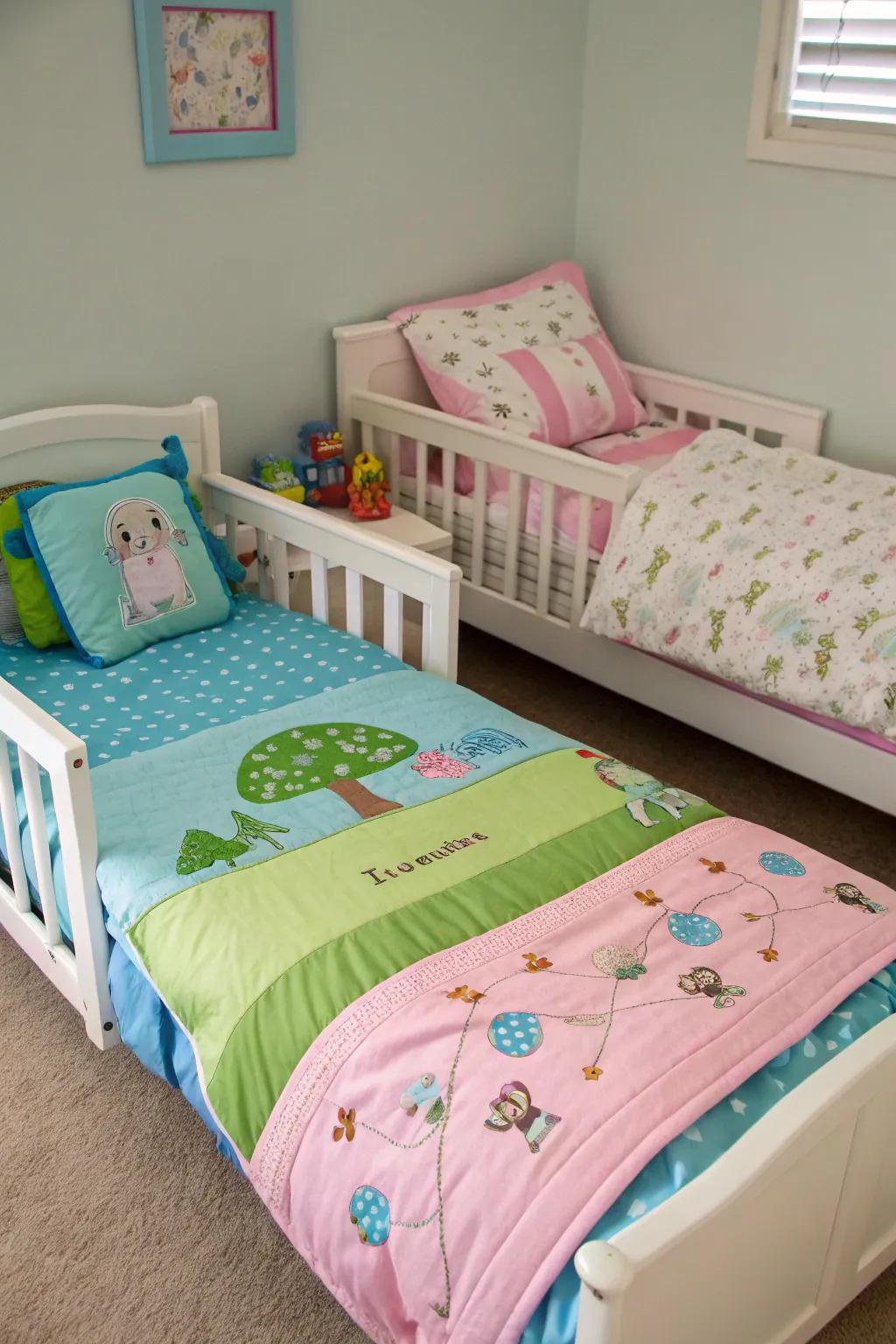 Personalized bedding offers a touch of individual style to the space.