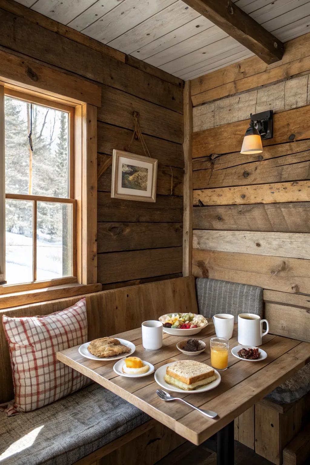 Rustic elements add warmth and texture to your breakfast nook.
