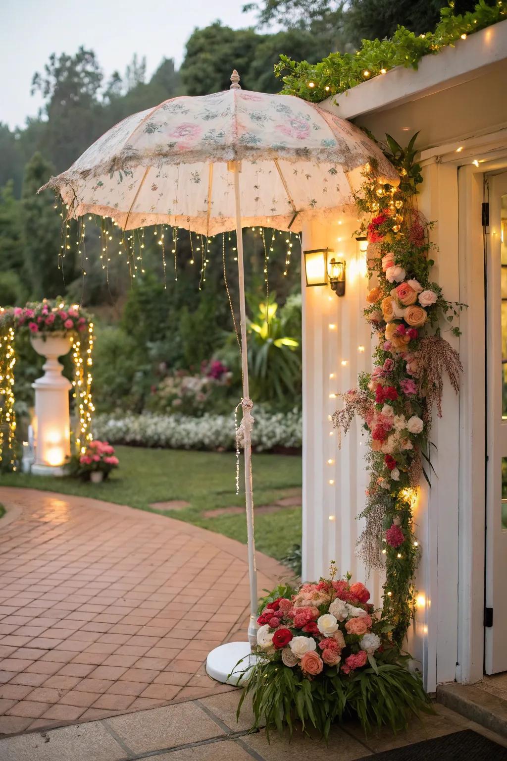 A charming botanical parasol adorned by blooms and lights welcomes guests through an enchanting vibe.