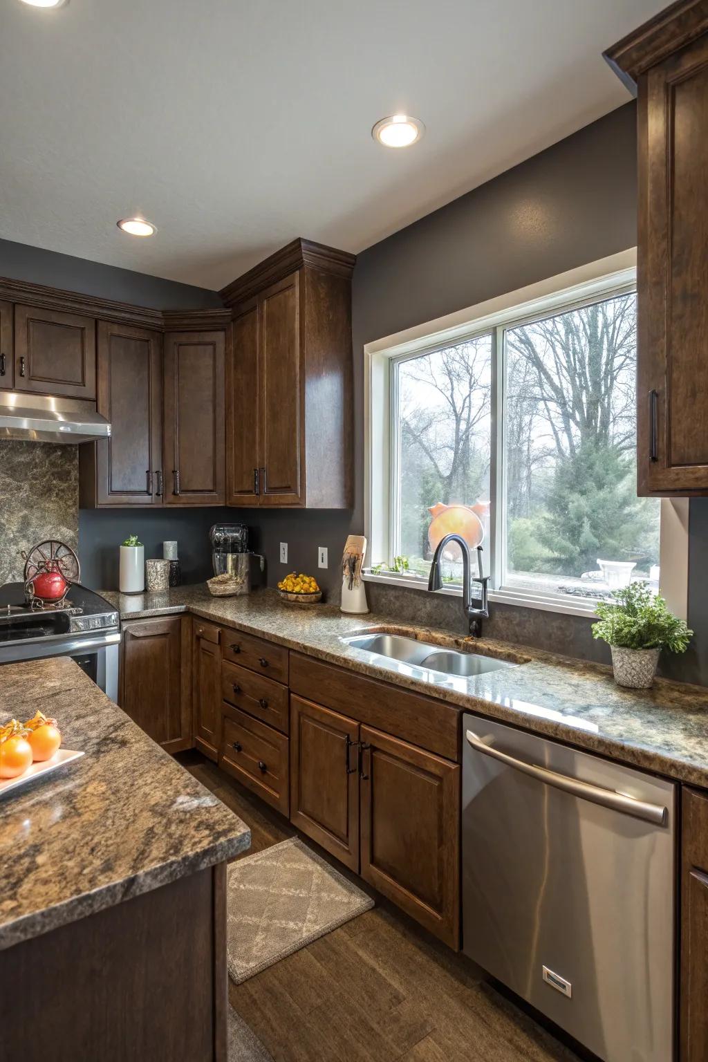 Modern, dramatic contrast is created by walls that are gray.