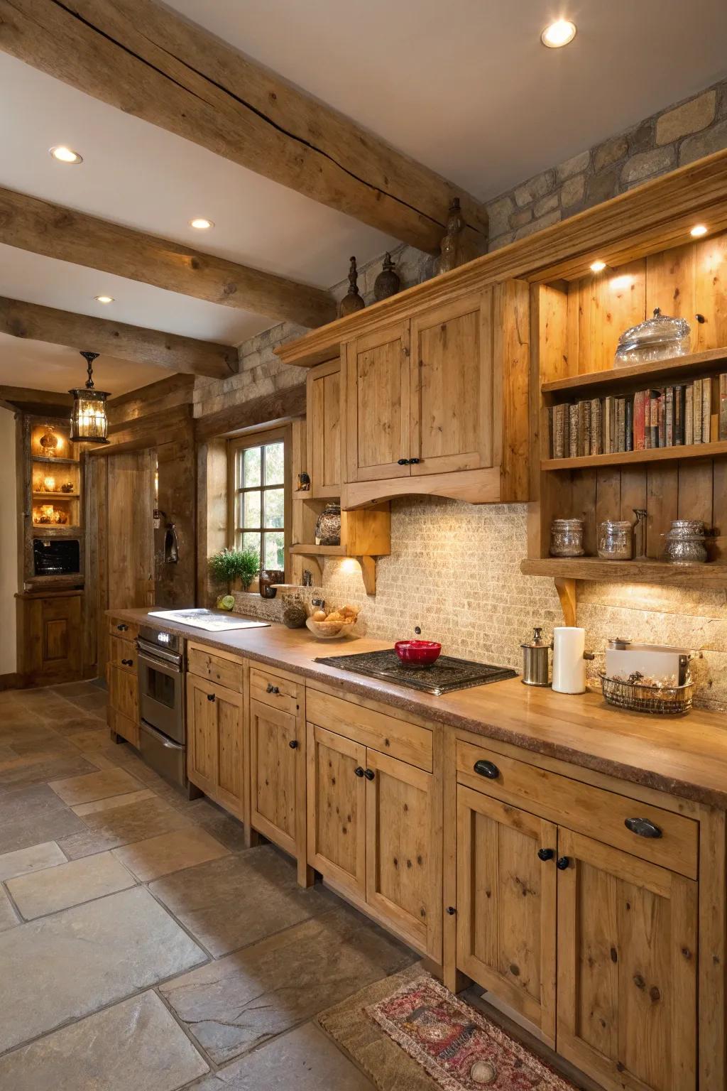 Natural lumber grains deliver a snug, country charm.
