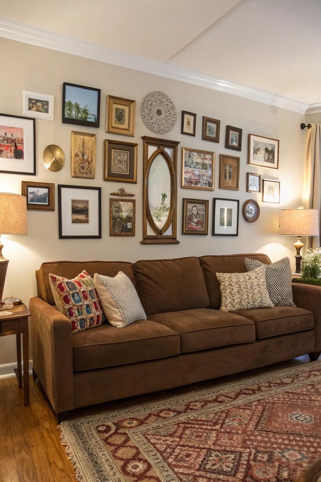 A picture arrangement injects individuality and depth into a brown lounge.