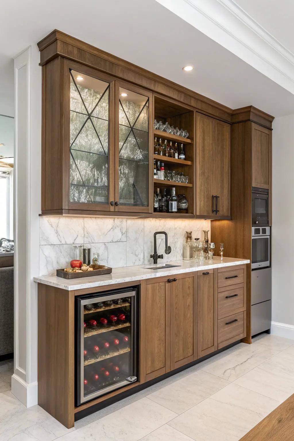 A mix of materials adds depth and character to this built-in bar.