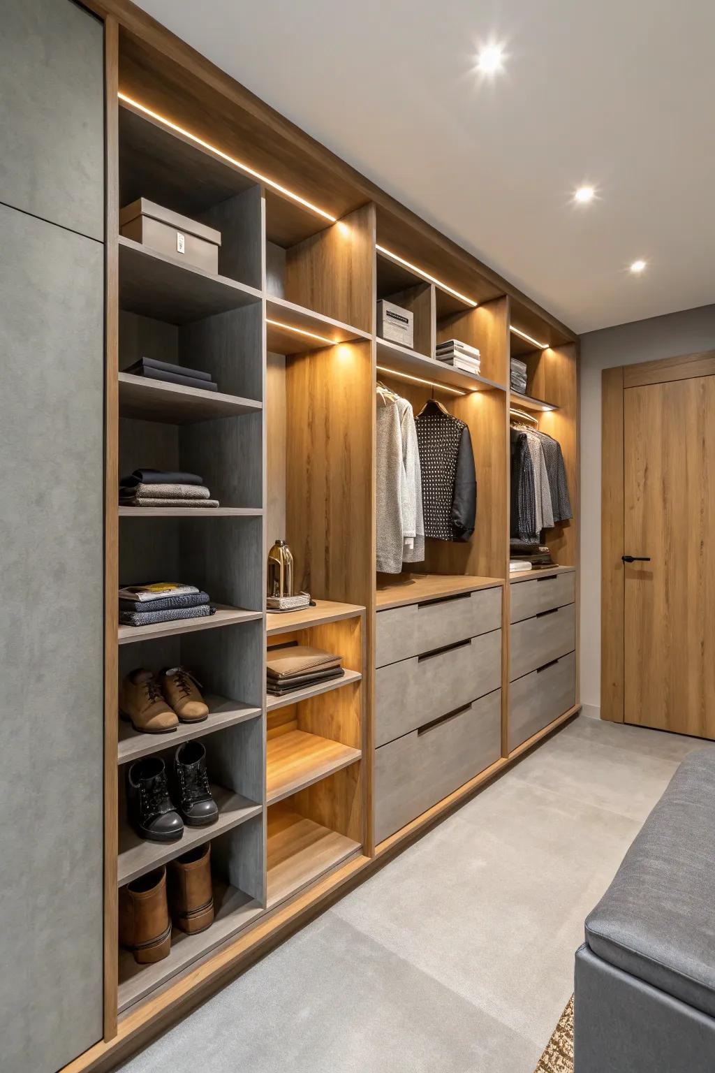 Contemporary materials such as wood and suede introduce timeless style.