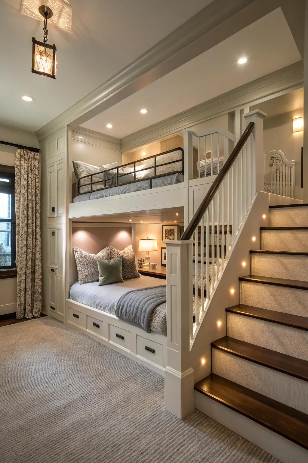 An elegant staircase delivers stylish and secure access to upper bunks.