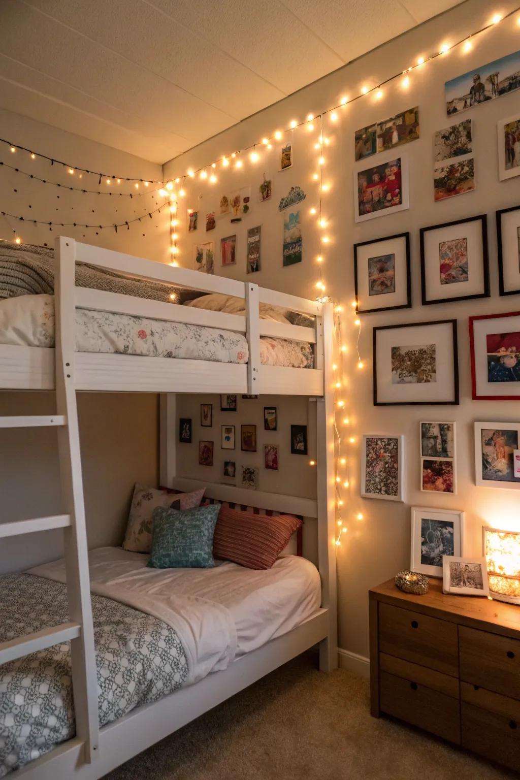 A photo display with lights adds a personal touch.