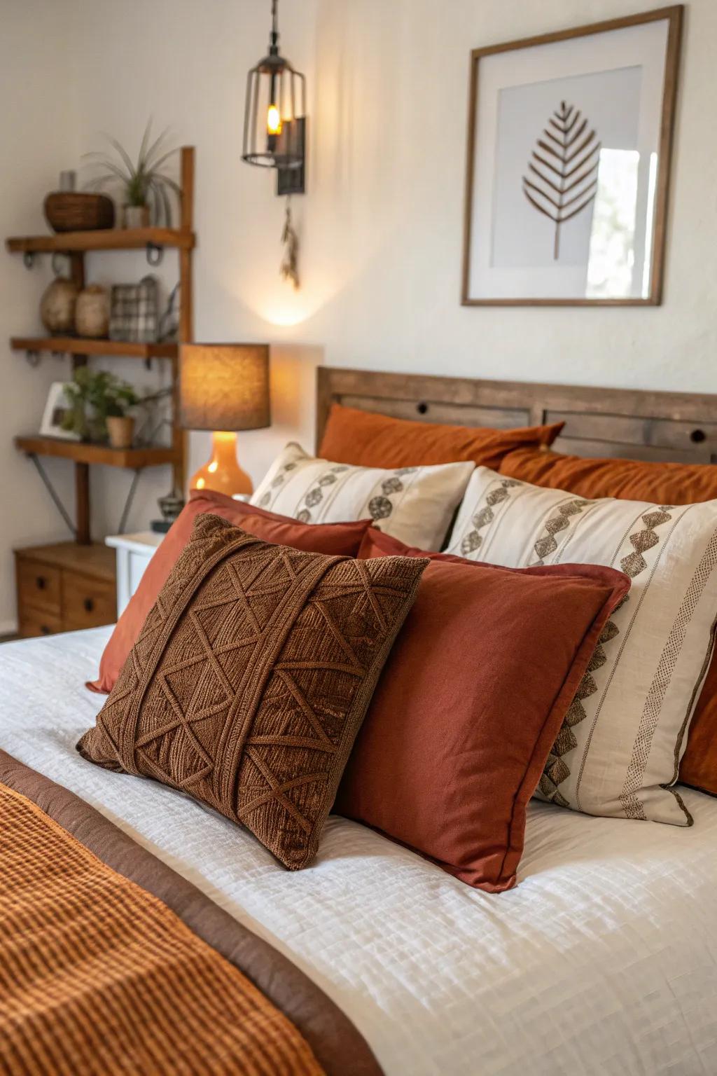 Accent pillows in rust and chocolate add texture and color.