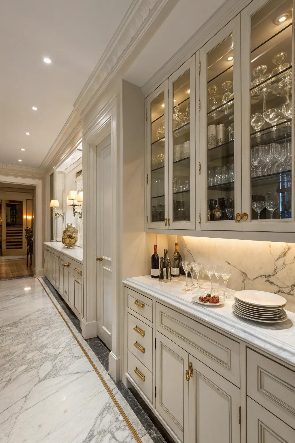 An elegant butler's pantry featuring luxurious marble countertops, providing a classic look.