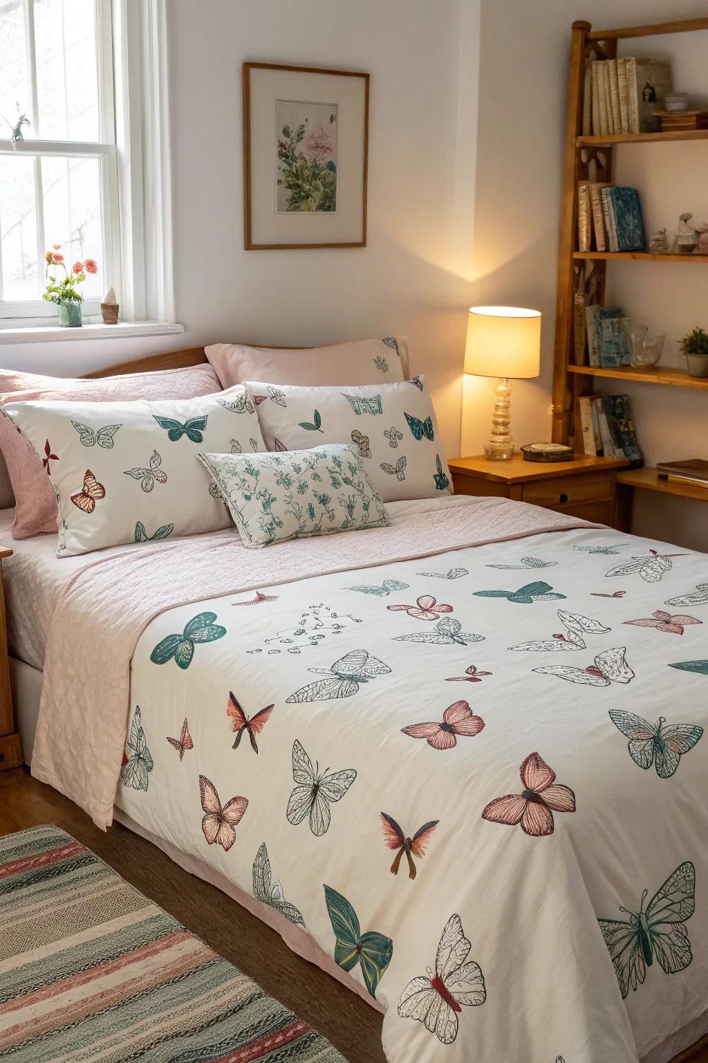 Butterfly themed bedding fosters a calm and inviting escape.