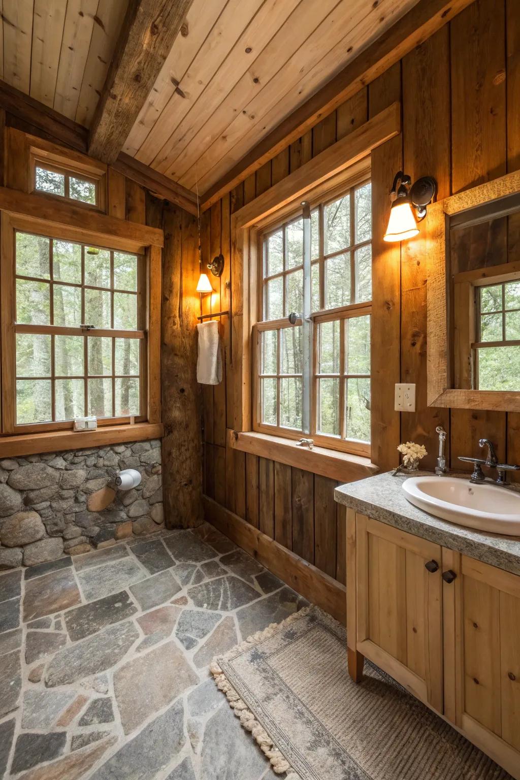 A cabin bathroom features repurposed barn windows for a distinctive nuance.