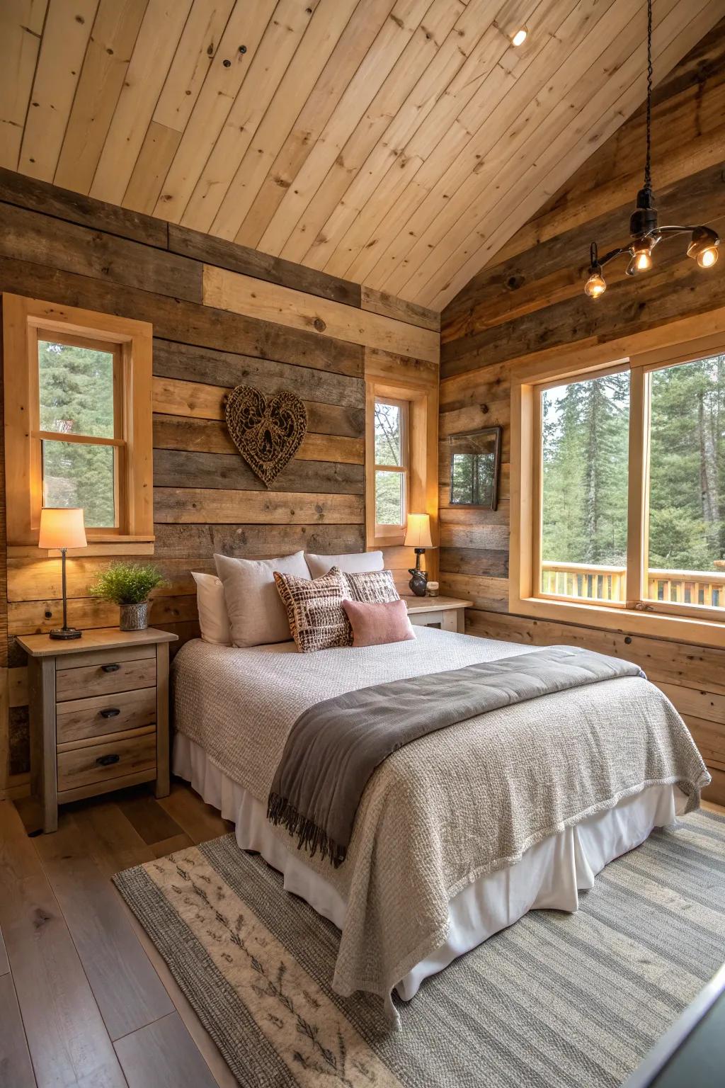 A cabin bedroom showcases a reclaimed wood highlight wall.