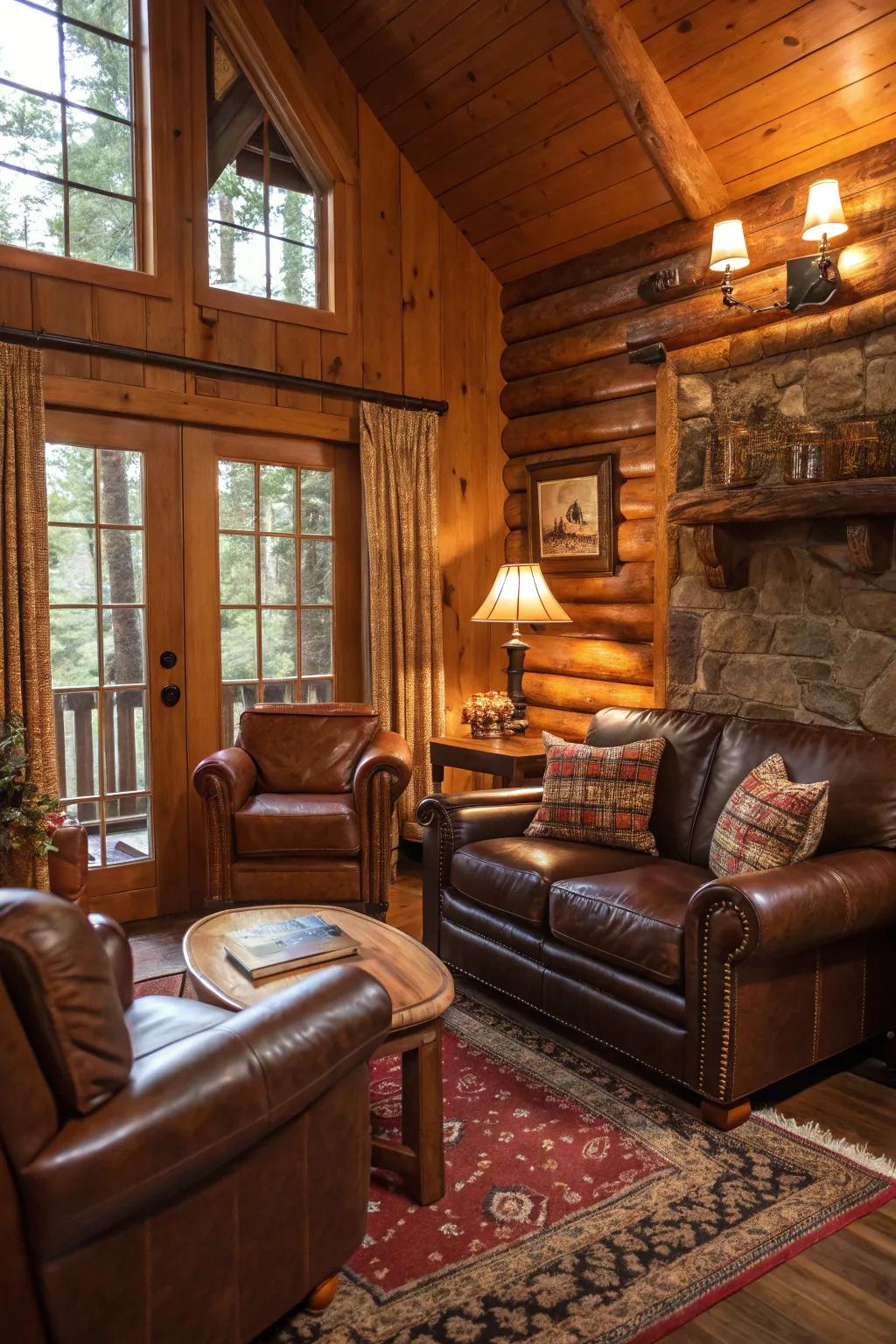 Cowhide elements bringing a countryside and timeless appeal to the cabin.