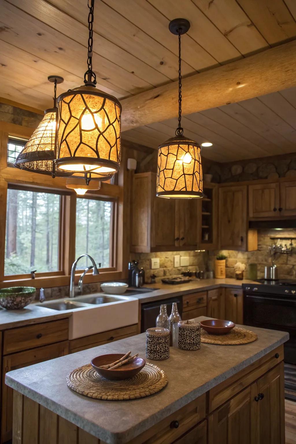 Unique light pieces add style to a cabin kitchen.