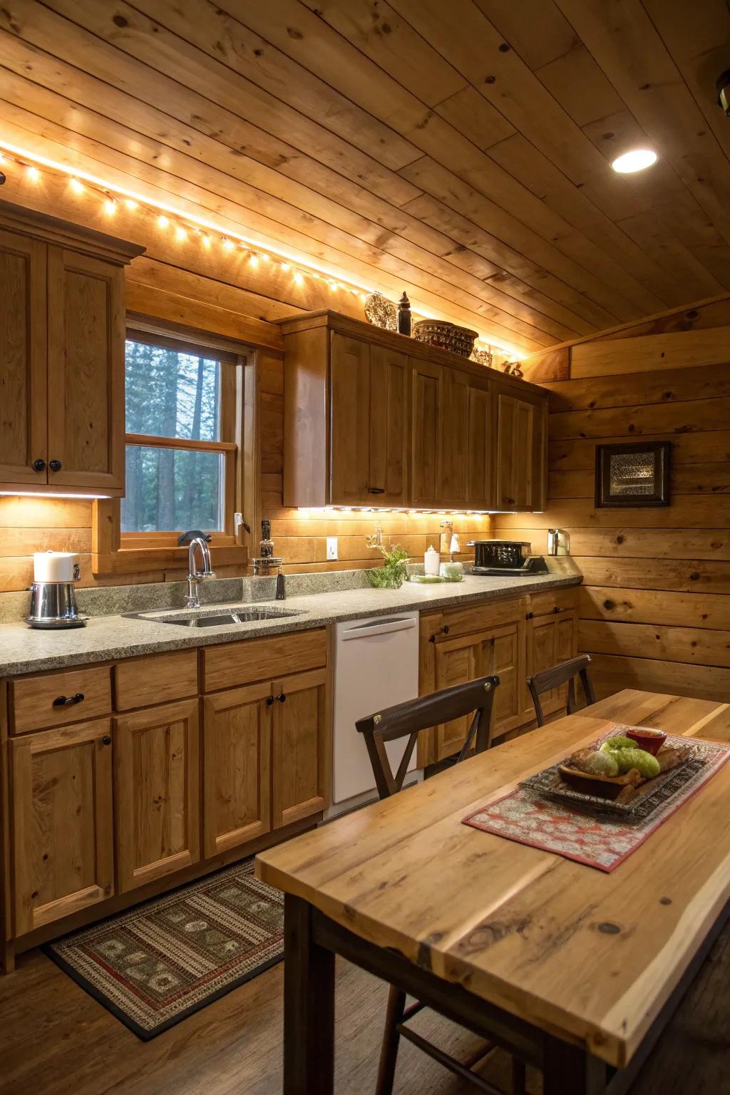 Under-cabinet lighting contributing a functional aspect to a cabin kitchen.