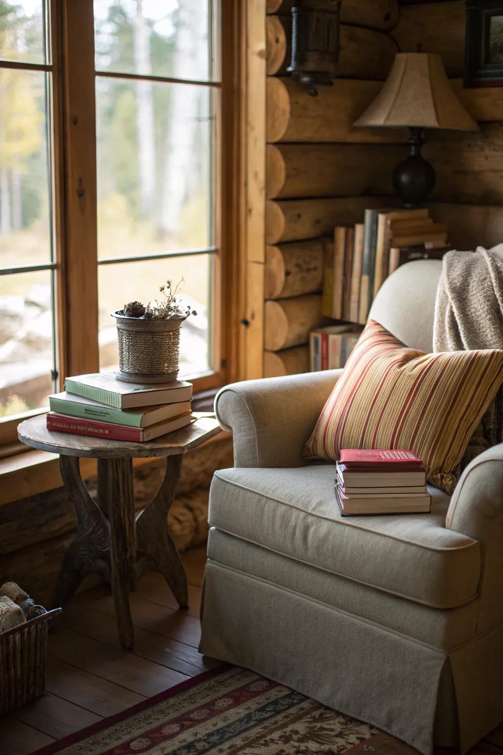 A cozy reading spot by the window offers a perfect getaway.