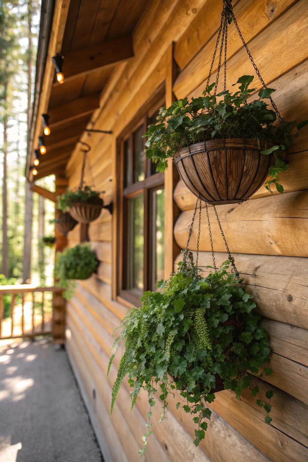 Hanging planters adding greenery and life to the cabin walls.