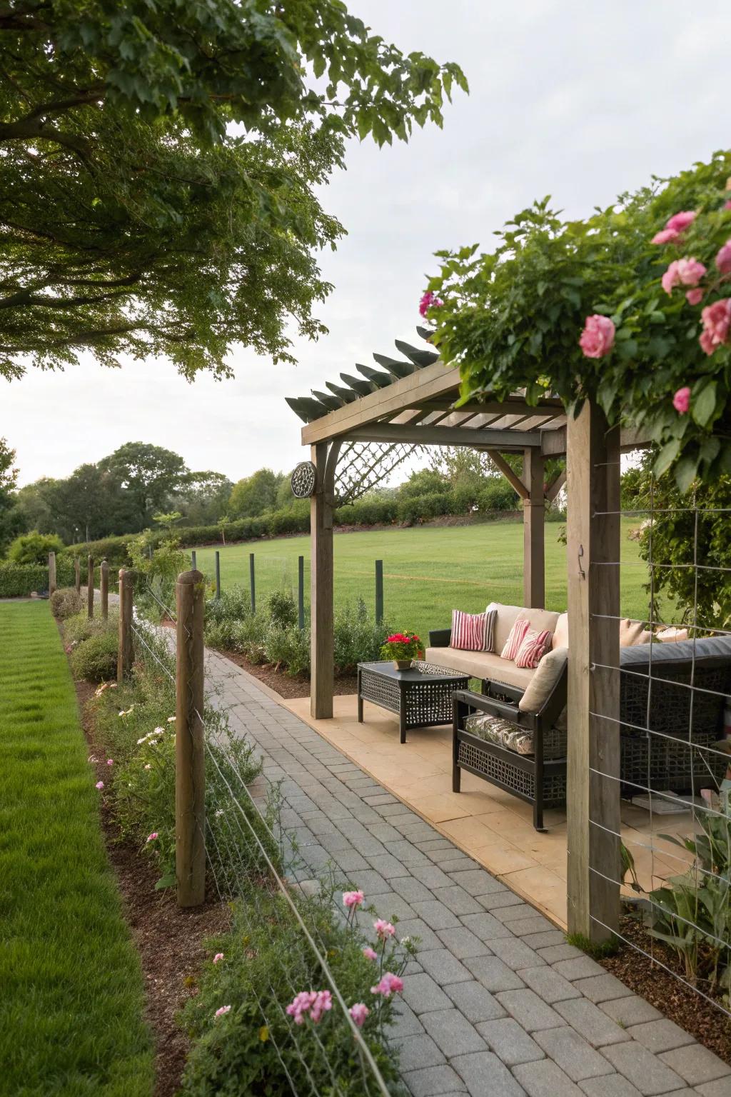 Pergola and wire fence in a charming garden