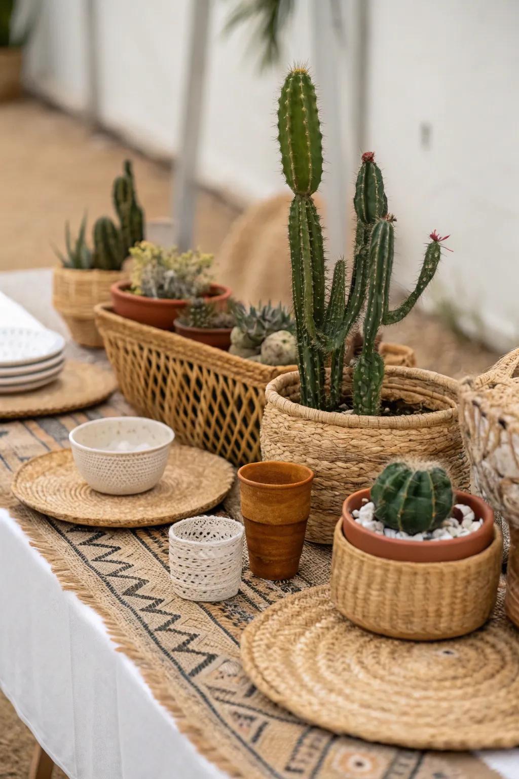 Bohemian vibes with succulents and woven textures fashion a relaxed setting.