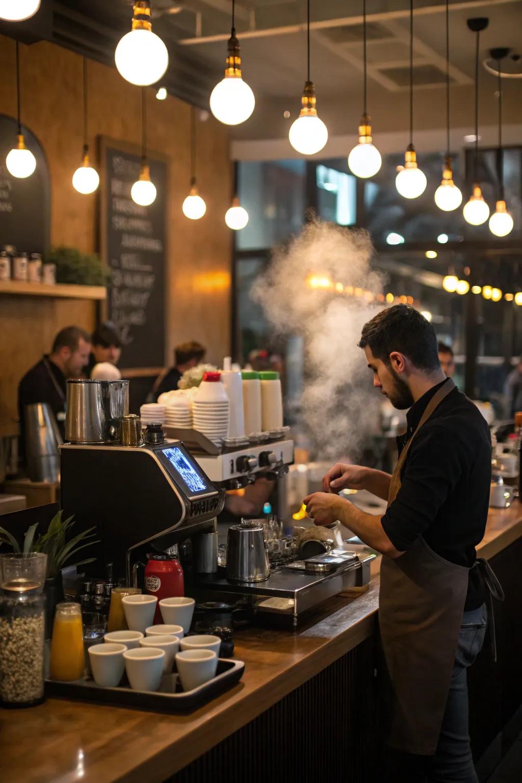 A café barista workstation equipped with bright task lighting for efficiency.