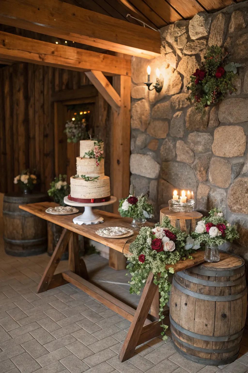 A cake table featuring natural elements, adding warmth and texture to the display.