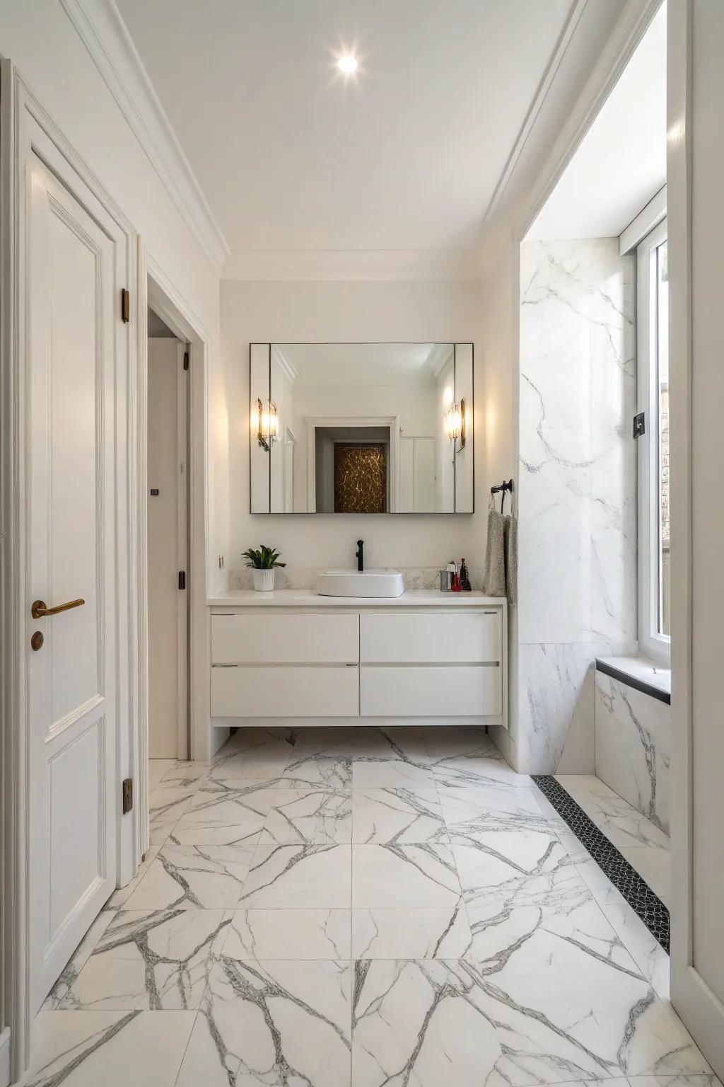A minimalist bathroom featuring a sophisticated Carrara Essence marble floor.