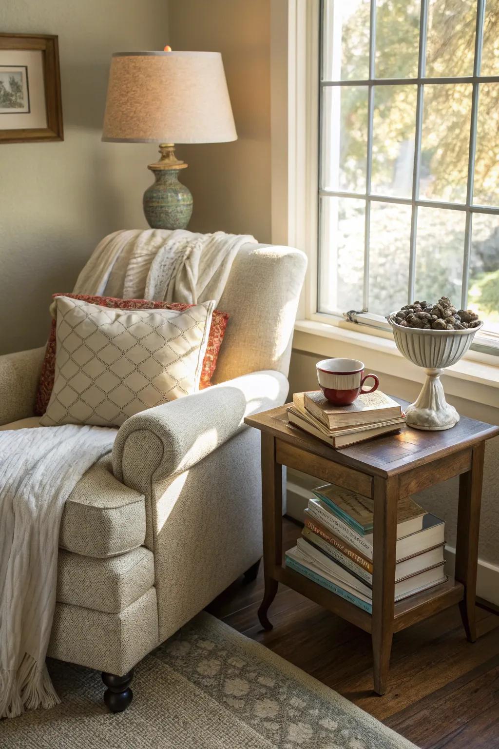 Bedroom corner displaying a cozy reading nook with a plush chair and side table.