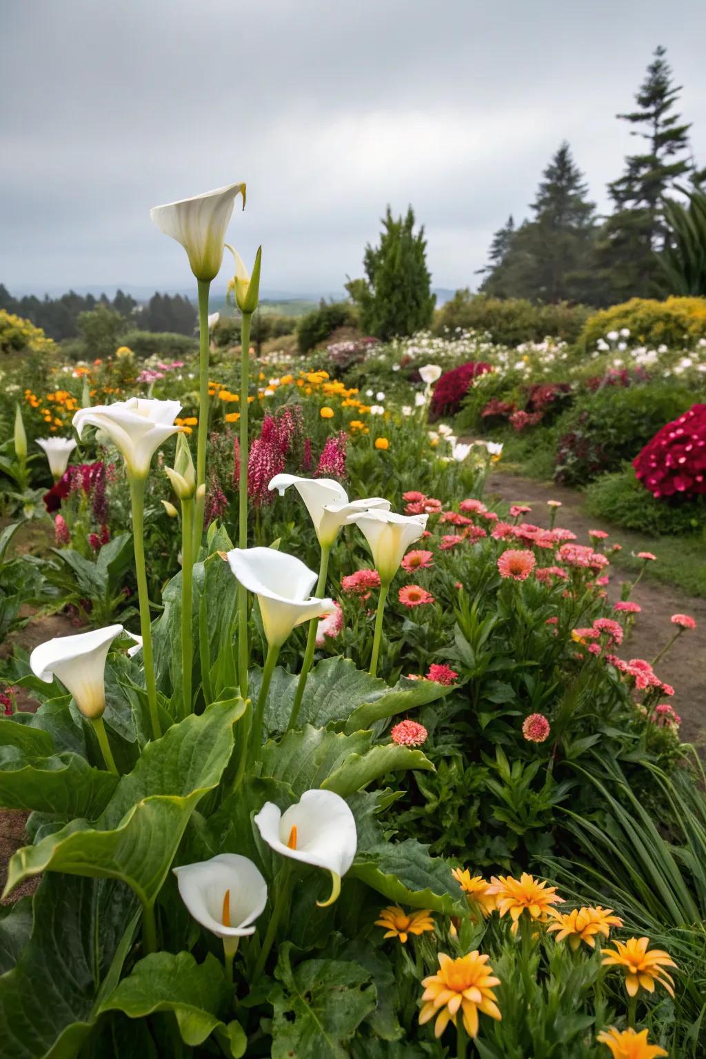 Swan flowers paired with seasonal flowers providing constant color.