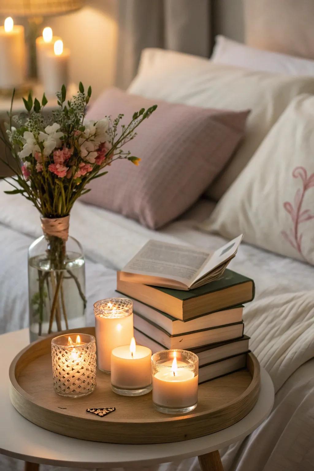 Votive candles provide a soothing bedside glow.