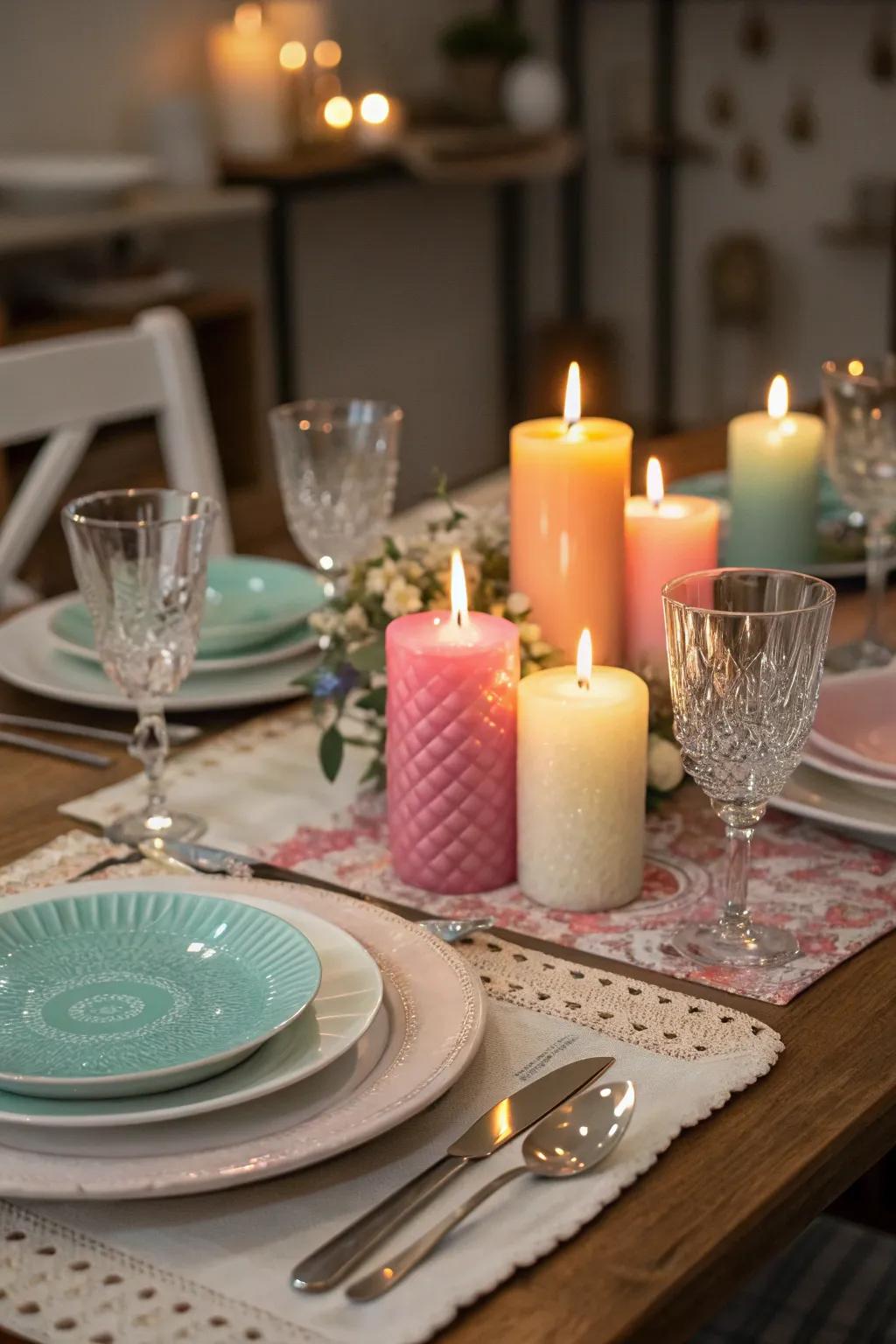 Color-matched wax lights complementing the table decor.