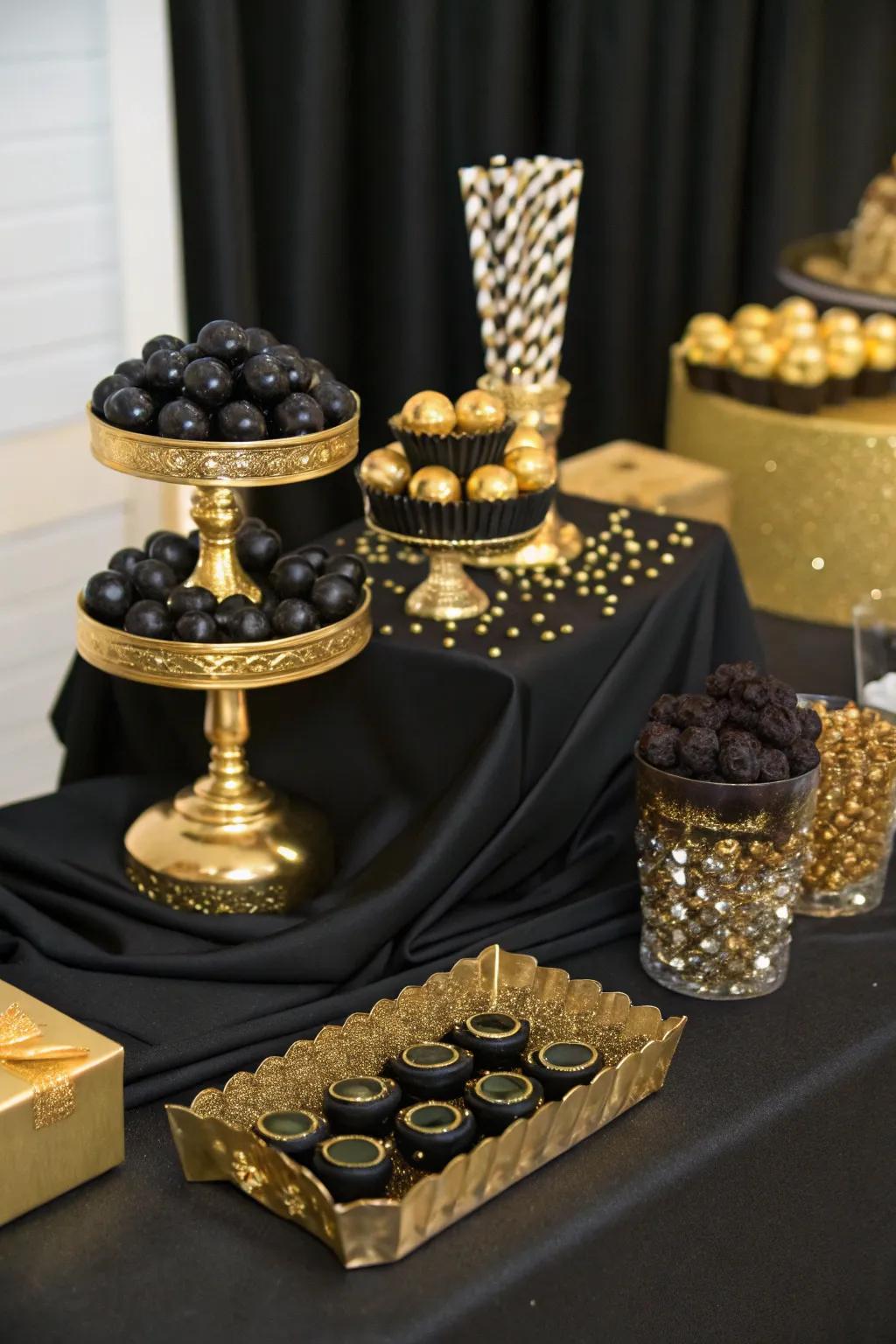 A glamorous candy bar dazzling with black and gold elegance.