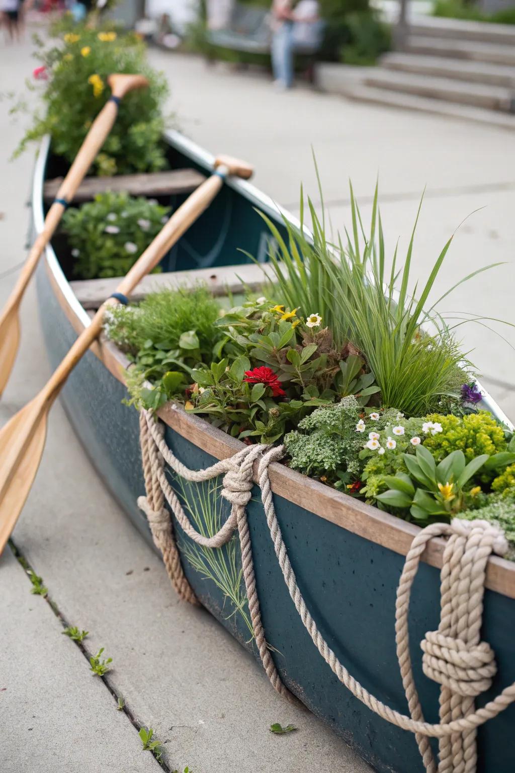 A marine-themed canoe planter transports you to the ocean.