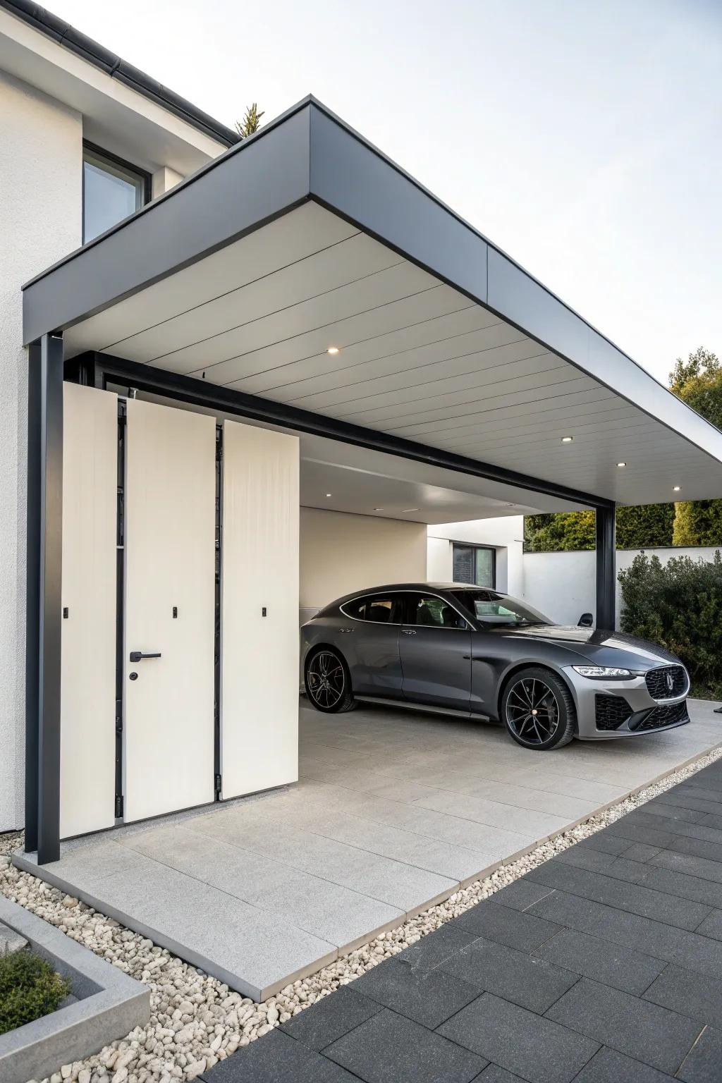 A carport featuring surface-level mounted entryways, portraying a streamlined and modern aesthetic.