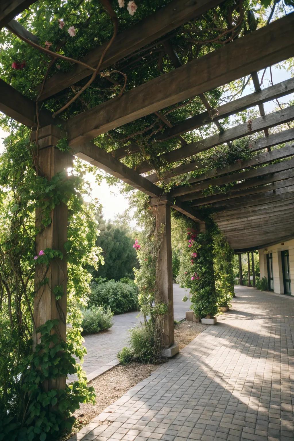 A pergola-style carport that brings both charm and natural beauty to the outdoor area.