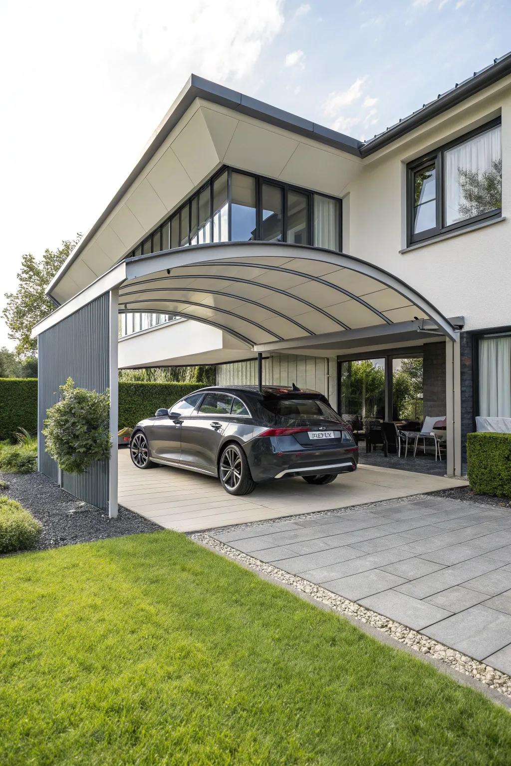 A curved carport enhances the home's elegance.