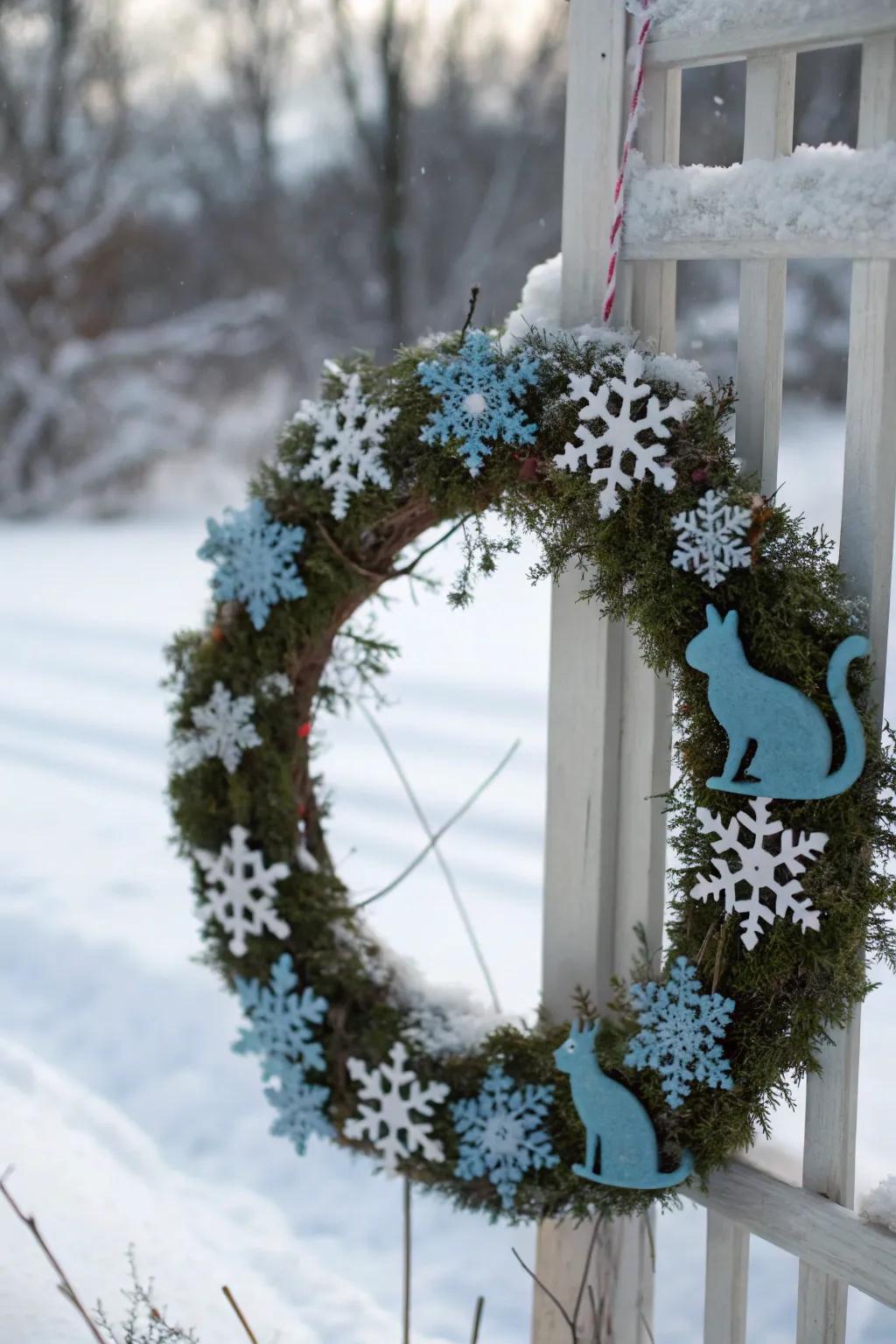 A seasonal icicle cat wreath perfect for winter.