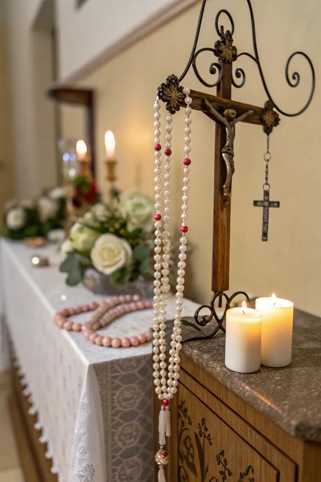 A rosary display encourages frequent prayer and meditation.
